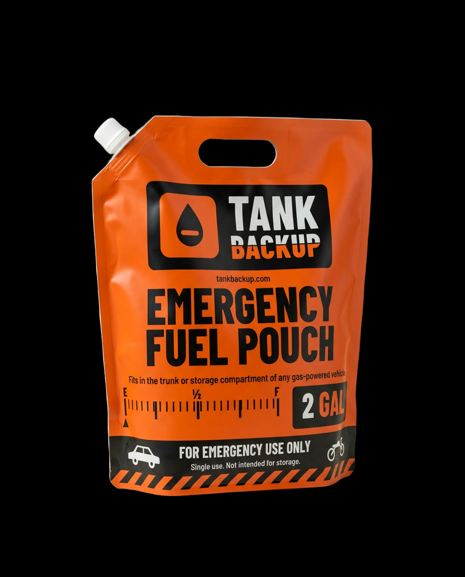 Tank Backup Emergency Fuel Pouch, front, orange pouch with spout and handle