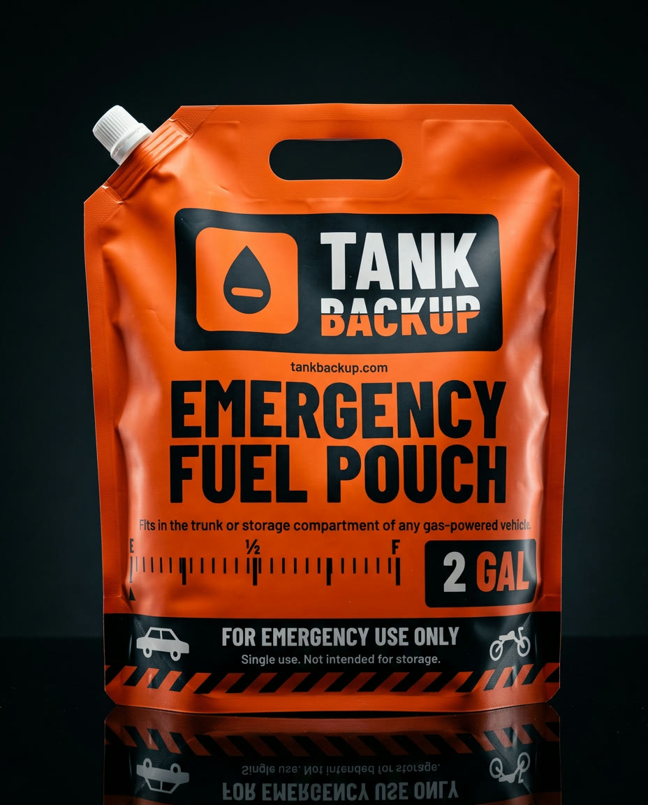 Tank Backup Emergency Fuel Pouch standing upright on a black background