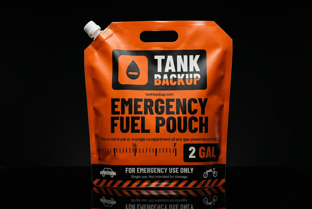 Tank Backup Emergency Fuel Pouch on black, front view with reflection